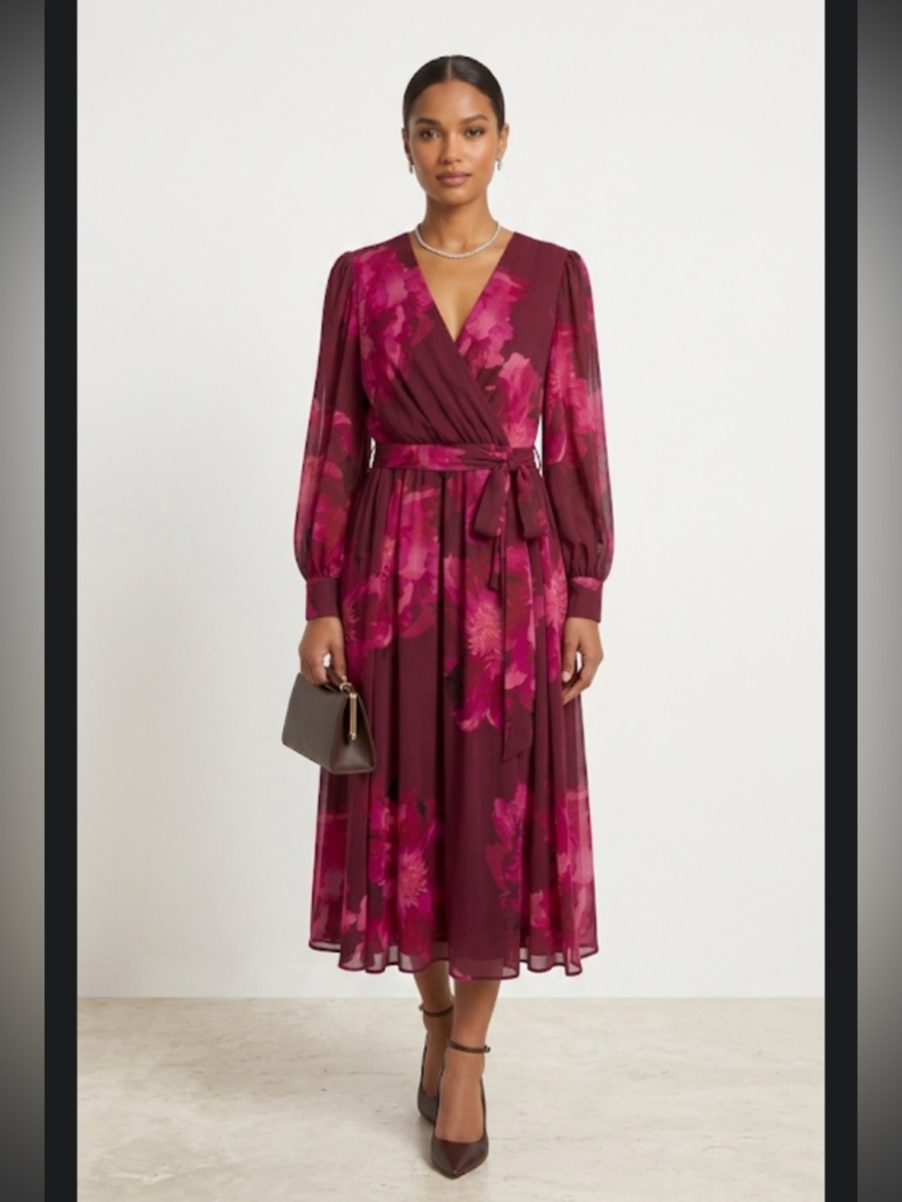 Calvin Klein Floral Faux-Wrap Long Sleeve Midi Dress - Burgundy/Pink Size 14